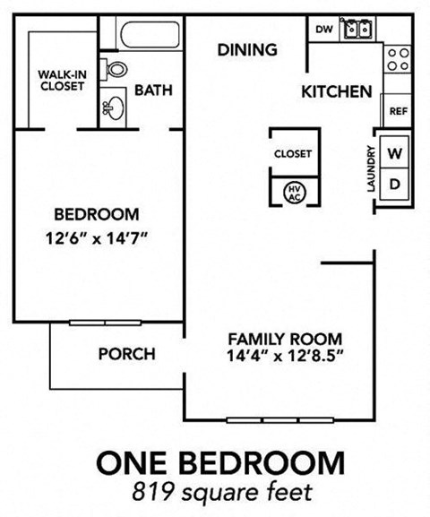 Floor plan for 1 bed, 1 bath, 819 sqft